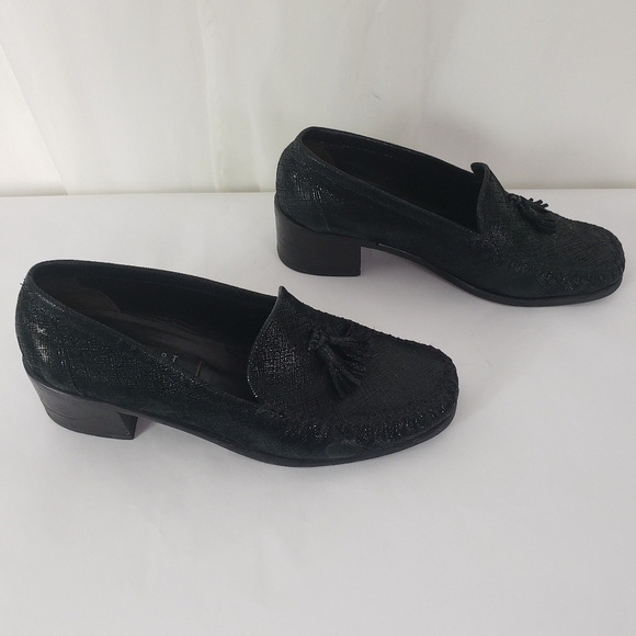 Stuart Weitzman black suede and leather chunky heel loafer metallic sheen 7.5 - Picture 5 of 8